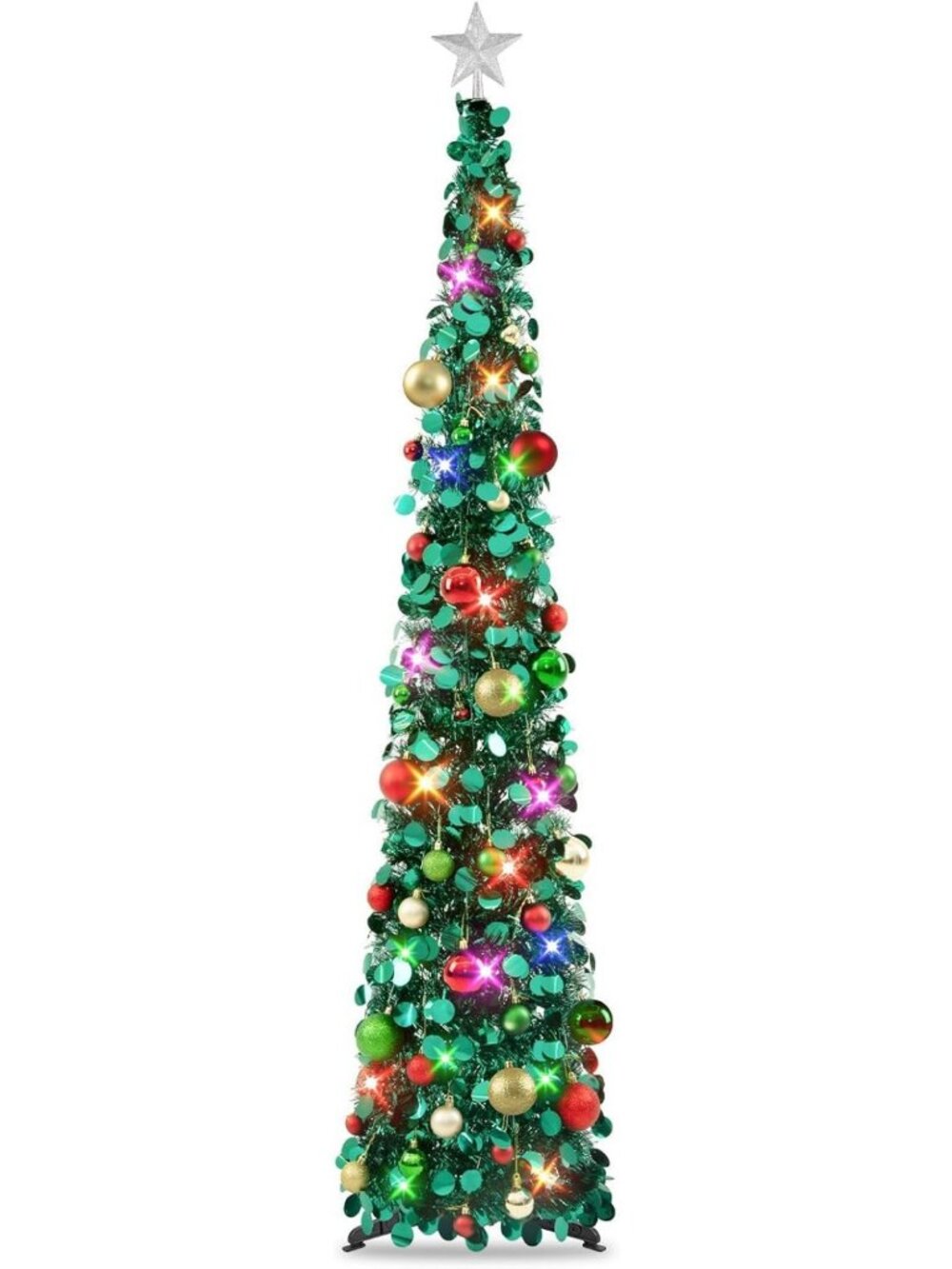 6Ft Pop Up Christmas Tree with Lights & 40 Ornaments - Collapsible Green Tinsel